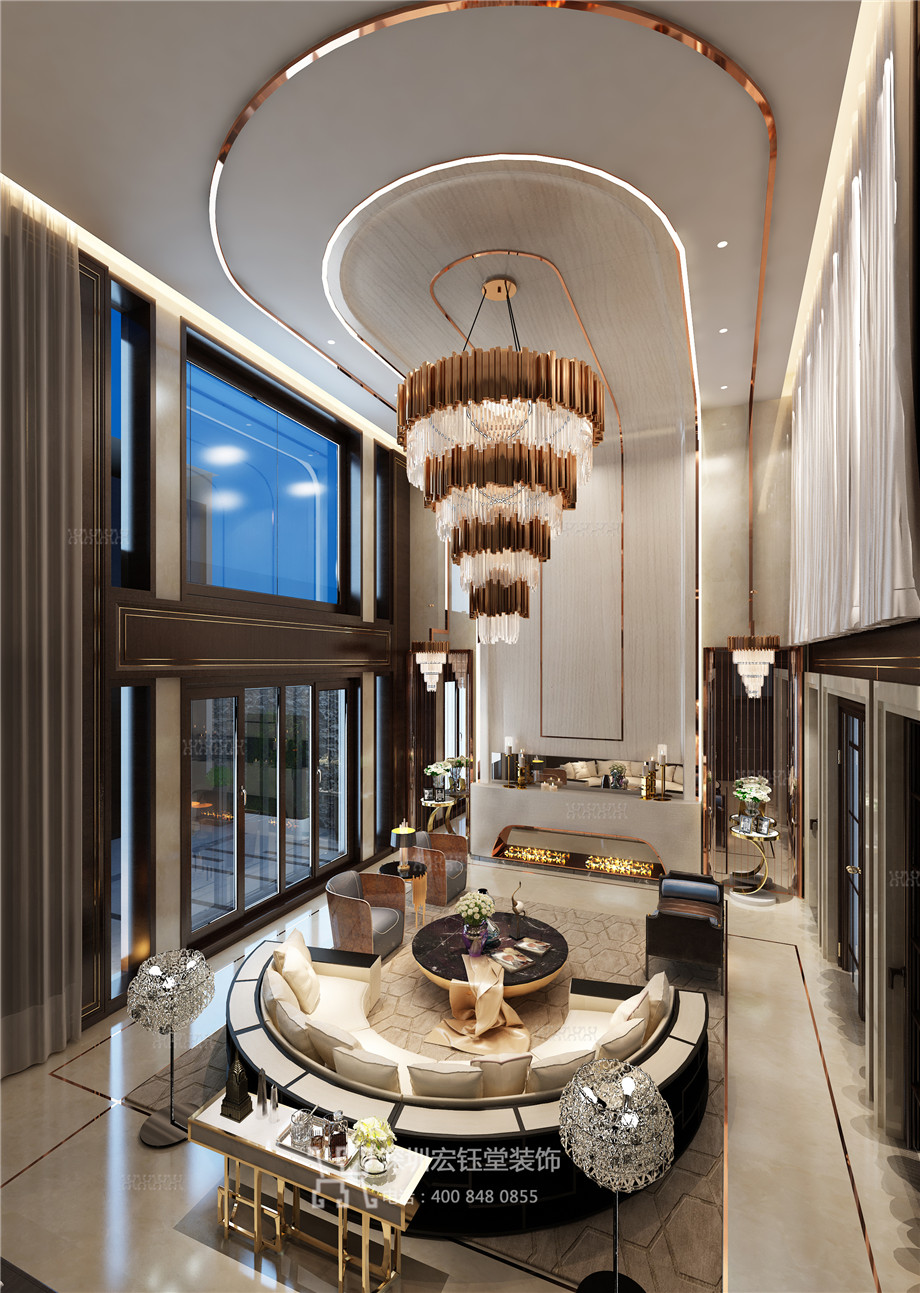 鄭州現(xiàn)代奢華風(fēng)鄒公館別墅雙層挑空客廳設(shè)計(jì)效果圖 鄭州現(xiàn)代奢華風(fēng)鄒公館別墅雙層挑空客廳設(shè)計(jì)效果圖