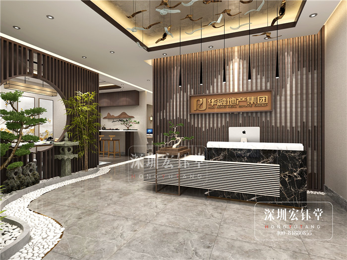 鄭州華融地產新中式辦公室前臺裝修設計效果圖 鄭州華融地產新中式辦公室前臺裝修設計效果圖